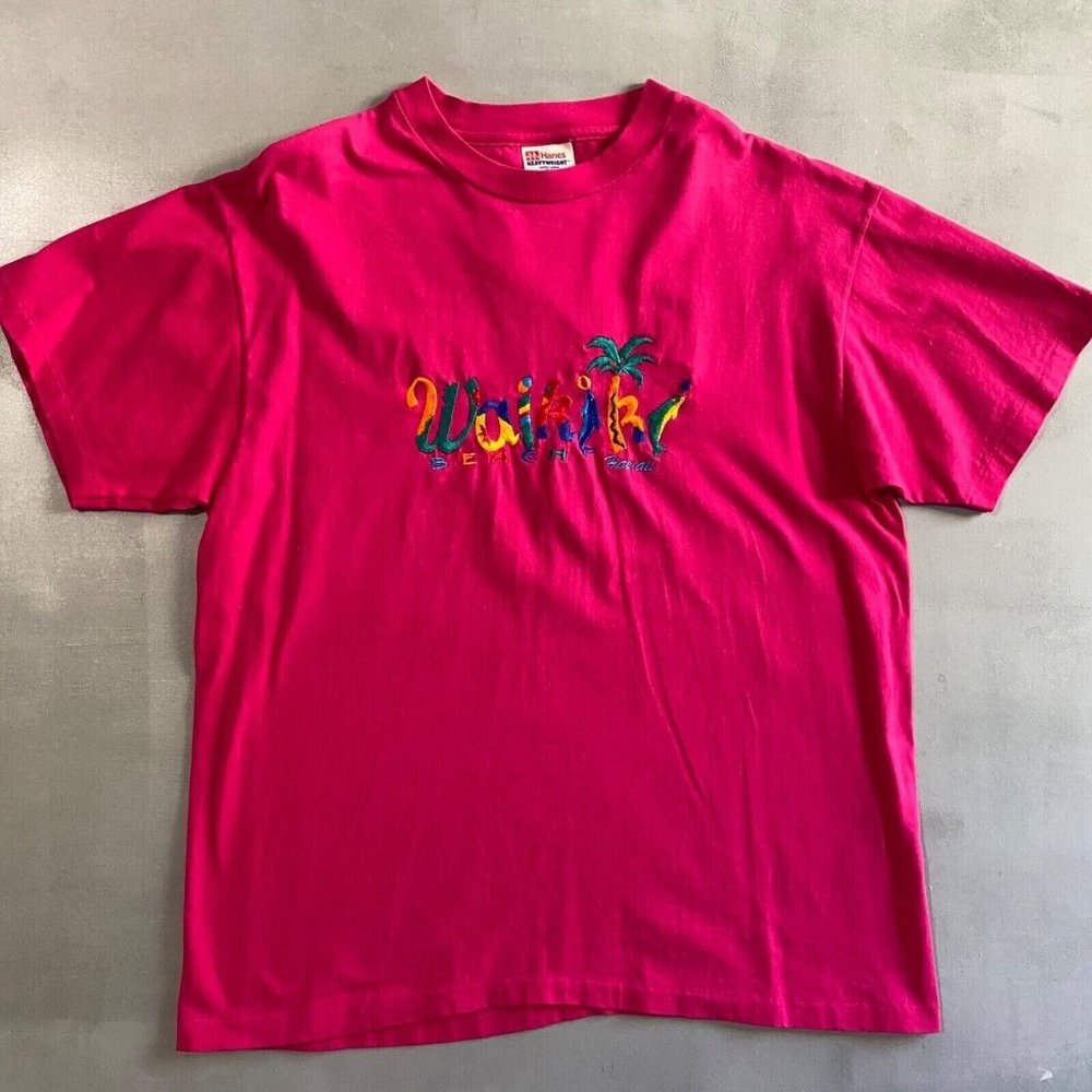 Vintage Waikiki hawaii Shirt‎ womens Large madeUSA single stitch embroidery pink